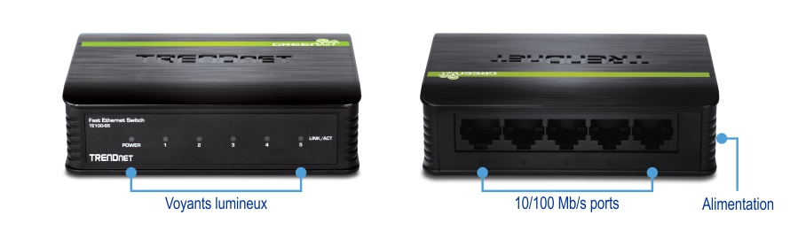 Un commutateur Fast Ethernet TRENDnet avec deux vues : l’avant et l’arrière. La vue avant met en évidence les indicateurs LED et les ports 10/100 Mbps, tandis que la vue arrière montre le port d’alimentation et les ports 10/100 Mbps. Les voyants LED sont étiquetés 1, les ports 10/100 Mbps sont étiquetés 2 et le port d’alimentation est étiqueté 3.