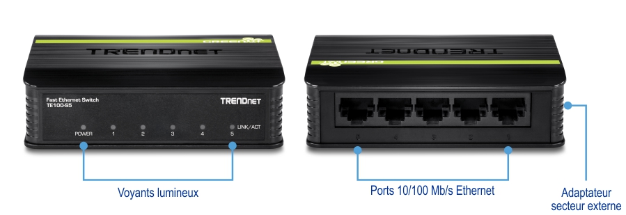 Un commutateur Fast Ethernet TRENDnet modèle TE100-S5. La vue avant affiche les indicateurs LED étiquetés Alimentation, 1, 2, 3, 4 et Lien/Action. La vue arrière montre cinq ports Ethernet 10/100 Mbps et une entrée d’alimentation. L’appareil est noir avec une bande verte et le logo TRENDnet sur le dessus.