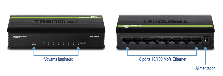 Deux vues d’un commutateur GREENnet TRENDnet TE100-S8 8 ports 10/100 Mbps. La vue avant affiche les indicateurs LED, y compris les voyants d’alimentation et de liaison/activité pour chacun des huit ports. La vue arrière montre les huit ports Ethernet 10/100 Mbps et l’entrée d’alimentation.