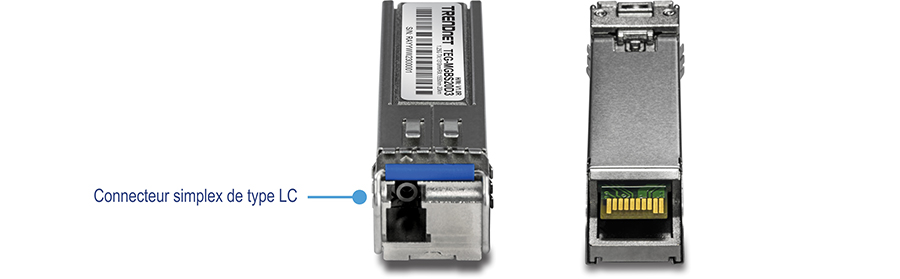 L’illustration montre une vue en deux images du module LC monomode SFP à double longueur d’onde. À gauche se trouve la vue de dessus avec une étiquette pour le connecteur simplex de type LC, et à droite se trouve la vue de dessous.