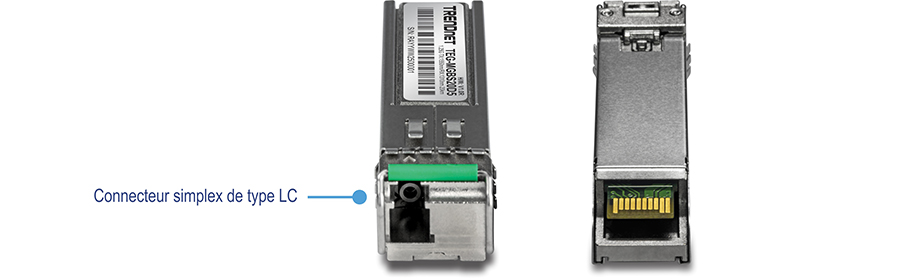 L’illustration montre une vue en deux images du module LC monomode SFP à double longueur d’onde. À gauche se trouve la vue de dessus avec une étiquette pour le connecteur simplex de type LC, et à droite se trouve la vue de dessous.