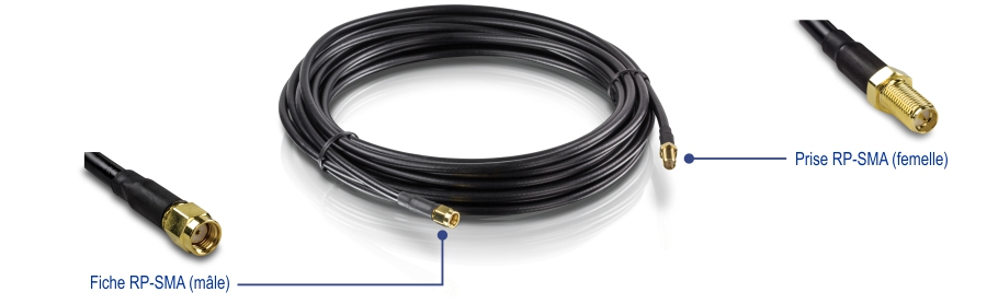 Câble d’antenne RP-SMA mâle à RP-SMA femelle à faible perte - 6 m (19,6 pi), TEW-L106, avec connecteurs aux deux extrémités. Une extrémité a une prise RP-SMA étiquetée mâle, et l’autre extrémité a une prise RP-SMA étiquetée femelle. Les connecteurs sont de couleur or et le câble est enroulé au centre.