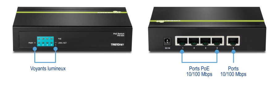 La vue de face d’un commutateur PoE modèle TPE-S50 de TRENDnet met en évidence les indicateurs LED étiquetés PWR, PoE et LINK/ACT. La vue arrière affiche cinq ports Ethernet, les quatre premiers étant étiquetés comme des ports PoE 10/100 Mbps et le cinquième comme un port 10/100 Mbps. De plus, il y a une entrée d’alimentation DC IN à l’arrière.