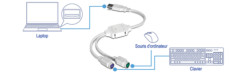 L’illustration montre un ordinateur portable connecté à un adaptateur USB qui se divise en deux connecteurs PS/2. Un connecteur PS/2 est relié à une souris et l’autre à un clavier, ce qui démontre l’utilisation d’un adaptateur USB vers PS/2 pour connecter ces périphériques à un ordinateur portable.