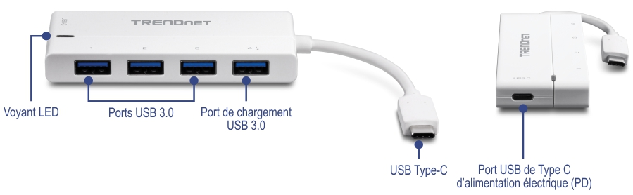 Un hub USB TRENDnet est doté d’un indicateur LED sur le côté gauche, suivi de trois ports USB 3.0 et d’un port de charge USB 3.0 sur la droite. La vue latérale montre un connecteur USB-C attaché à un câble et un port d’alimentation USB-C.