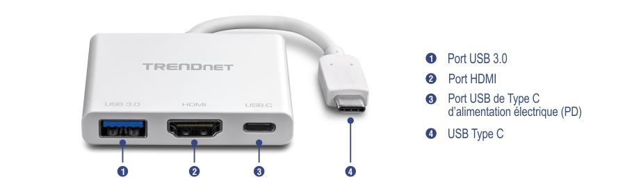 L’illustration montre un adaptateur TRENDnet avec quatre ports étiquetés port USB 3.0, port HDMI, port USB-C Power Delivery () et connecteur USB-C. L’adaptateur est blanc avec un câble court se terminant par un connecteur USB-C. Les descriptions des ports sont fournies sur le côté droit de l’image.