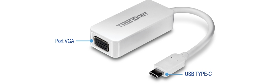 Un adaptateur TRENDnet blanc avec un port VGA à une extrémité et un connecteur USB-C à l’autre extrémité. Le port VGA est étiqueté VGA et le connecteur USB-C est étiqueté USB-C. Cet adaptateur est conçu pour connecter des appareils dotés d’un port USB-C à un écran doté d’une entrée VGA.