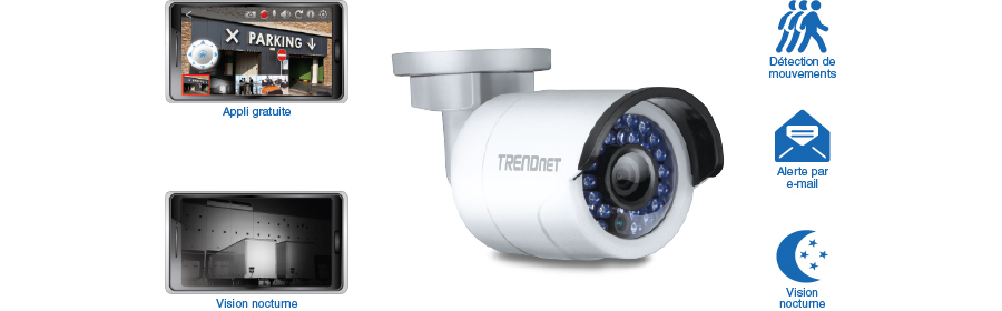 Une caméra de sécurité TRENDnet avec diverses caractéristiques mises en avant, notamment un design cylindrique avec des LED infrarouges pour la vision nocturne, la détection de mouvement et les capacités d’alerte par e-mail. L’image montre également des captures d’écran d’une application mobile montrant des vues en couleur et en vision nocturne.