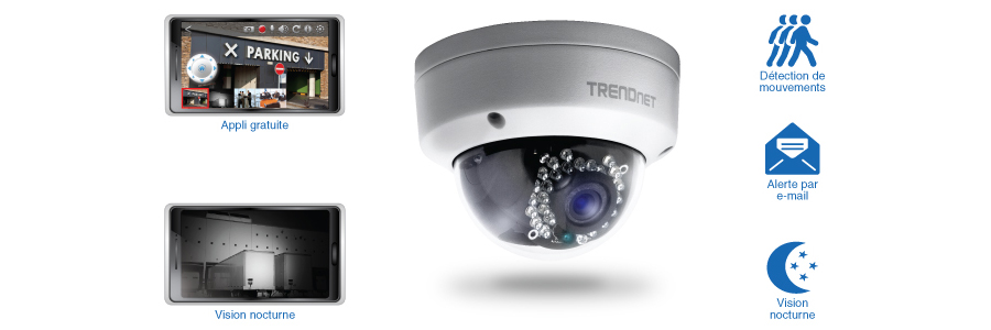 Une caméra de sécurité TRENDnet avec diverses caractéristiques mises en avant, notamment un design cylindrique avec des LED infrarouges pour la vision nocturne, la détection de mouvement et les capacités d’alerte par e-mail. L’image montre également des captures d’écran d’une application mobile montrant des vues en couleur et en vision nocturne.