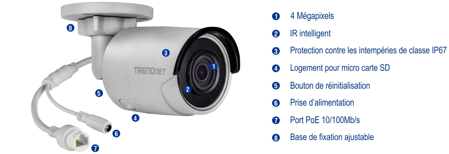 Une caméra de sécurité avec un objectif de 4 mégapixels et Smart IR est montrée. Il est conforme à la norme IP67 et comprend un emplacement pour carte Micro SD, un bouton de réinitialisation, une prise d’alimentation, un port PoE 10/100 Mbps et une base de montage réglable. La caméra est connectée à un câble avec une prise d’alimentation et un port Ethernet.