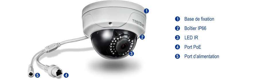 Une caméra de surveillance avec cinq caractéristiques étiquetées, y compris une base de montage, un boîtier IP66. LED IR, port PoE et port d’alimentation.