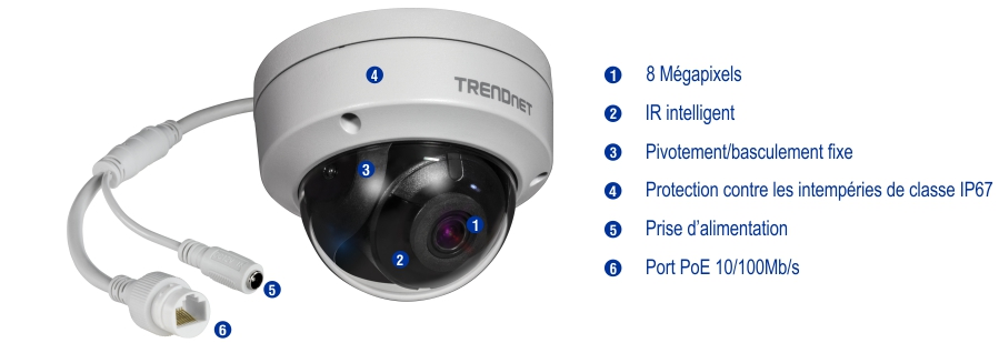 Une caméra de surveillance avec six fonctionnalités étiquetées, 8 mégapixels, Smart IR, Pan/Tilt fixe, IP67 résistant aux intempéries, prise d’alimentation et port PoE 10/100 Mbps.