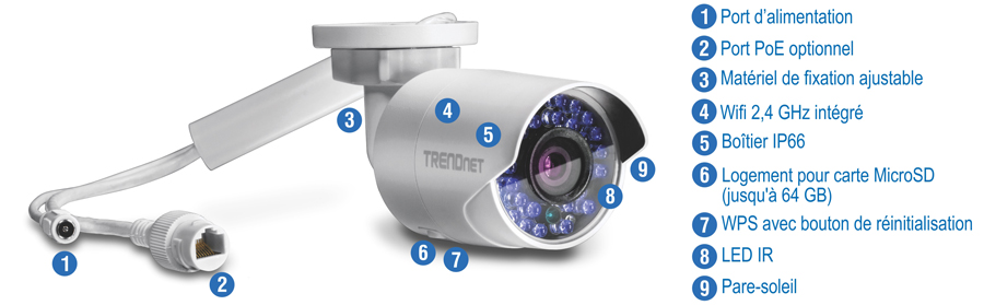 Une caméra de surveillance avec un port d’alimentation, un port PoE en option, du matériel de montage réglable, un WiFi 2,4 GHz intégré, un boîtier IP66, un emplacement pour carte MicroSD prenant en charge jusqu’à 64 Go, un WPS avec bouton de réinitialisation, des LED IR et un pare-soleil, de marque TRENDnet.