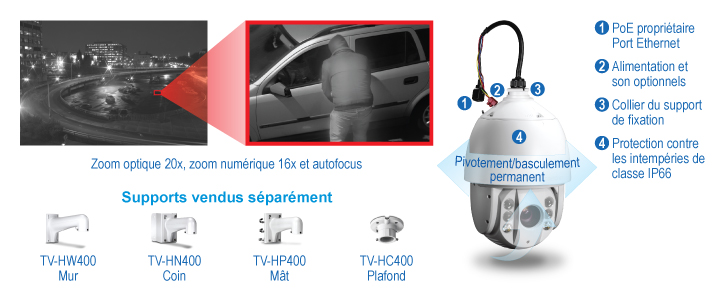Un système de caméra de surveillance avec zoom optique 20x, zoom numérique 16x et autofocus. Les caractéristiques comprennent un port Ethernet PoE+, une alimentation et un son en option, un collier de support de montage et un indice de protection contre les intempéries IP66. Il offre une fonctionnalité infinie de panoramique et d’inclinaison et comprend des options de montage au mur, en coin, sur poteau et au plafond. Le système démontre les capacités de zoom en montrant une vue rapprochée d’une personne près d’une voiture.
