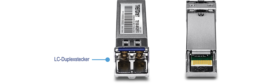 TRENDnet TE100-MGBFX 100Base-FX SFP Multi-Mode LC Modul. In der linken Ansicht wird die Vorderseite des Moduls angezeigt, wobei der LC-Duplex-Stecker hervorgehoben ist, der für Glasfaserverbindungen verwendet wird. Die rechte Ansicht zeigt die Rückseite des Moduls, wo die elektrischen Kontakte sichtbar sind. Dieses Modul ist relevant für Netzwerkanwendungen, insbesondere für den Aufbau von Glasfaserverbindungen über Entfernungen von bis zu 2 Kilometern.