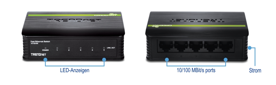 Ein TRENDnet Fast Ethernet Switch mit zwei Ansichten: der Vorder- und der Rückseite. In der Vorderansicht sind die LED-Anzeigen und die 10/100-Mbit/s-Ports zu sehen, während in der Rückansicht der Stromanschluss und die 10/100-Mbit/s-Ports zu sehen sind. Die LED-Anzeigen sind mit 1 gekennzeichnet, die 10/100-Mbit/s-Ports mit 2 und der Stromanschluss mit 3.