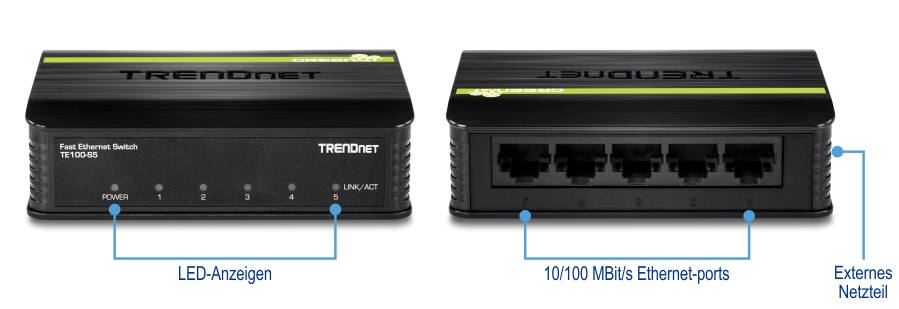 Ein TRENDnet Fast Ethernet Switch Modell TE100-S5. In der Vorderansicht werden LED-Anzeigen mit den Bezeichnungen Power, 1, 2, 3, 4 und Link/Act angezeigt. Die Rückansicht zeigt fünf 10/100 Mbit/s Ethernet-Ports und einen Stromeingang. Das Gerät ist schwarz mit einem grünen Streifen und dem TRENDnet-Logo auf der Oberseite.