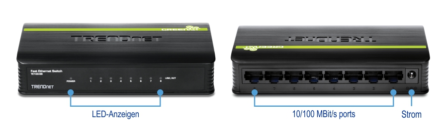 Ein TRENDnet Fast Ethernet Switch Modell TE100-S8. In der Vorderansicht werden LED-Anzeigen mit den Bezeichnungen Power und Link/Act angezeigt. Die Rückansicht zeigt acht 10/100 Mbps Ports und einen Stromeingang. Das Gerät hat ein schwarzes Gehäuse mit grünen Akzenten und dem TRENDnet-Logo auf der Oberseite.