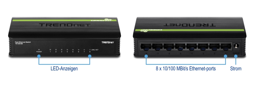 Zwei Ansichten eines TRENDnet TE100-S8 GREENnet Switches mit 8 Anschlüssen und 10/100 Mbit/s. In der Vorderansicht werden die LED-Anzeigen angezeigt, einschließlich Ein- und Aus-/Aktivitätsleuchten für jeden der acht Ports. Die Rückansicht zeigt die acht 10/100 Mbit/s Ethernet-Ports und den Stromeingang.