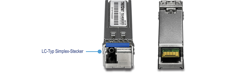 Die Abbildung zeigt eine Zwei-Bild-Ansicht des SFP Dual Wavelength Single-Mode LC-Moduls. Auf der linken Seite befindet sich die Draufsicht mit einer Beschriftung für den Simplex-Steckverbinder vom Typ LC, auf der rechten Seite die untere Ansicht.