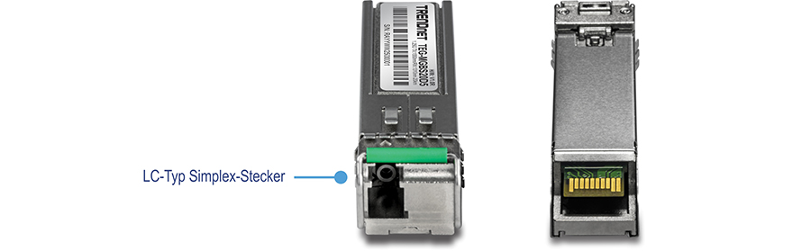 Die Abbildung zeigt eine Zwei-Bild-Ansicht des SFP Dual Wavelength Single-Mode LC-Moduls. Auf der linken Seite befindet sich die Draufsicht mit einer Beschriftung für den Simplex-Steckverbinder vom Typ LC, auf der rechten Seite die untere Ansicht.