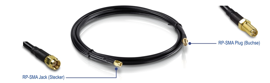 Verlustarmes RP-SMA-Stecker-auf-RP-SMA-Antennenkabel - 2 m (6,5 Fuß), TEW-L102, mit Anschlüssen an beiden Enden. An einem Ende befindet sich eine RP-SMA-Buchse mit der Bezeichnung