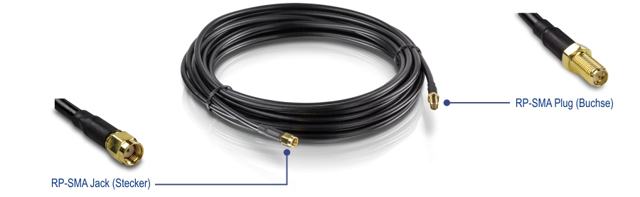 Verlustarmes RP-SMA-Stecker-auf-RP-SMA-Antennenkabel - 6 m (19,6 Fuß), TEW-L106, mit Anschlüssen an beiden Enden. An einem Ende befindet sich eine RP-SMA-Buchse mit der Bezeichnung 