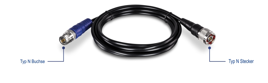 Ein Blick auf das Kabel von N-Typ-Steckern auf N-Typ-Buchse – 2 m (6,5 Fuß), TEW-L402. Das linke Ende ist mit N-Type Female und das rechte Ende mit N-Type Male beschriftet.