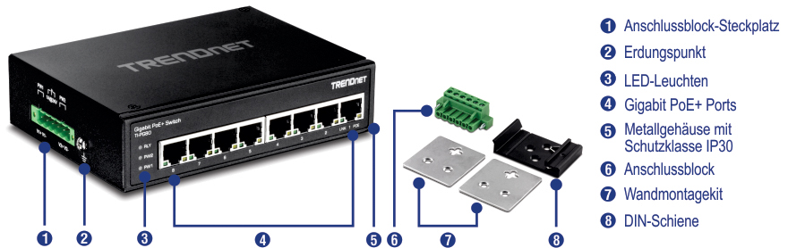 Ein TRENDnet Gigabit PoE+ Switch Modell TI-PG80 mit beschrifteten Komponenten, einschließlich Steckplatz für Klemmenblock, Erdungspunkt, LED-Anzeigen, Gigabit PoE+-Ports, Metallgehäuse mit Schutzart IP30, Klemmenblock, Wandmontagesatz und DIN-Schienenhalterung. Der Switch verfügt über fünf Gigabit PoE+ Ports und ein robustes Metallgehäuse für den industriellen Einsatz. Zu den separaten Komponenten gehören der Klemmenblock, der Wandmontagesatz und die DIN-Schienenhalterung.