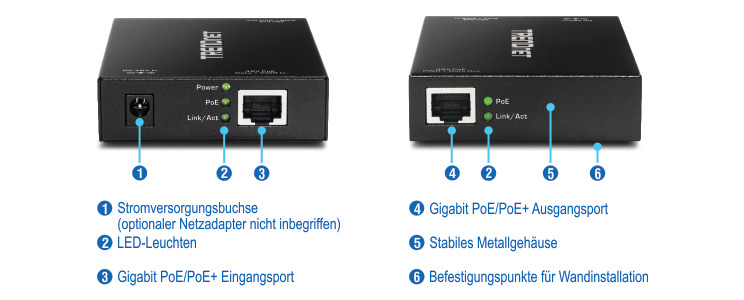 Zwei Ansichten eines TRENDnet-Geräts mit beschrifteten Komponenten heben den Stromanschluss, LED-Anzeigen, den Gigabit PoE/PoE+-Eingang, das robuste Metallgehäuse, die Wandbefestigungspunkte und ein optionales Netzteil hervor. Die LED-Anzeigen zeigen den Strom-, PoE- und Link/Act-Status an.