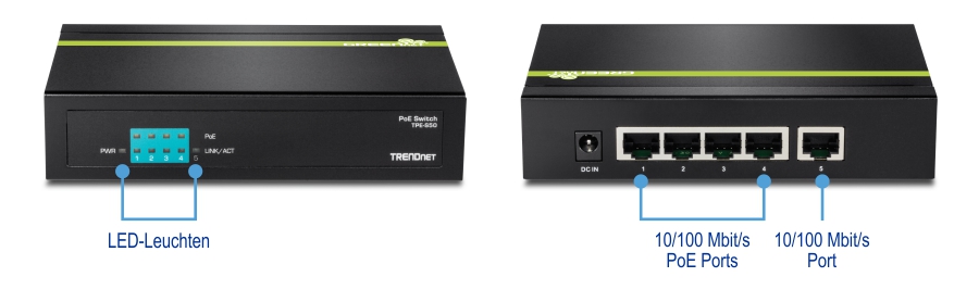 In der Vorderansicht eines PoE-Switch-Modells TPE-S50 von TRENDnet sind LED-Anzeigen mit der Aufschrift PWR, PoE und LINK/ACT zu sehen. Die Rückansicht zeigt fünf Ethernet-Ports, wobei die ersten vier als 10/100-Mbit/s-PoE-Ports und der fünfte als 10/100-Mbit/s-Port gekennzeichnet sind. Zusätzlich befindet sich auf der Rückseite ein DC IN-Stromeingang.