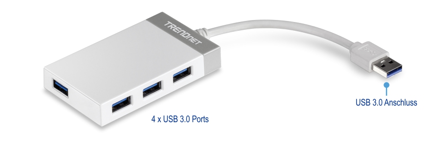 Das Bild zeigt einen 4-Port USB 3.0 Mini-Hub, Modell TU3H4E. Er verfügt über vier USB 3.0 Ports, die es ermöglichen, mehrere USB-Geräte gleichzeitig anzuschließen. Der Hub wird über ein kurzes Kabel, das in einem USB 3.0 Stecker endet, an einen Computer oder ein anderes Gerät angeschlossen und bietet eine schnelle Datenübertragung.
