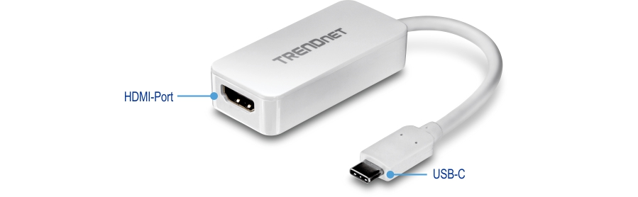 Ein weißer Adapter der Marke TRENDnet verfügt über einen HDMI-Anschluss mit der Bezeichnung HDMI Port an einem Ende und einen USB-C-Anschluss mit der Bezeichnung USB-C am anderen Ende. Es wurde entwickelt, um Geräte mit USB-C-Anschlüssen an Displays mit HDMI-Eingängen anzuschließen.