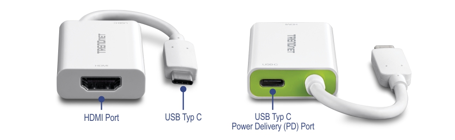 Bei dem Gerät handelt es sich um einen USB-C-auf-HDMI-Adapter mit Power Delivery. Es verfügt über einen HDMI-Anschluss und einen USB-C-Anschluss auf der einen Seite und einen USB-C-Power-Delivery-Anschluss sowie einen weiteren USB-C-Anschluss auf der anderen Seite. Der Adapter ist mit dem Namen TRENDnet versehen.