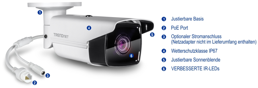 Eine Überwachungskamera mit beweglichem Montagearm und -sockel, einem PoE-Anschluss, einem optionalen Stromanschluss, IP67-Wetterschutz, einer verstellbaren Sonnenblende und verbesserten IR-LEDs. Die Kamera ist weiß mit einer schwarzen Vorderseite, in der das Objektiv und die LEDs untergebracht sind. Die Kabel für die Strom- und Netzwerkverbindung sind sichtbar. Der Markenname TRENDnet ist auf der Seite der Kamera aufgedruckt.