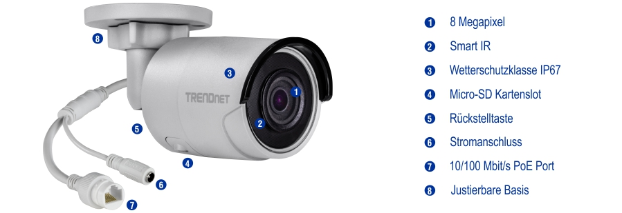Eine Überwachungskamera mit einem 8-Megapixel-Objektiv, Smart IR und IP67-Wetterschutz. Es verfügt über einen Micro-SD-Kartensteckplatz, eine Reset-Taste, eine Strombuchse, einen 10/100 Mbit/s PoE-Anschluss und eine verstellbare Montagebasis. Der Anschluss der Kamera erfolgt über Kabel mit Beschriftungen, die auf die Funktionen und Komponenten hinweisen.