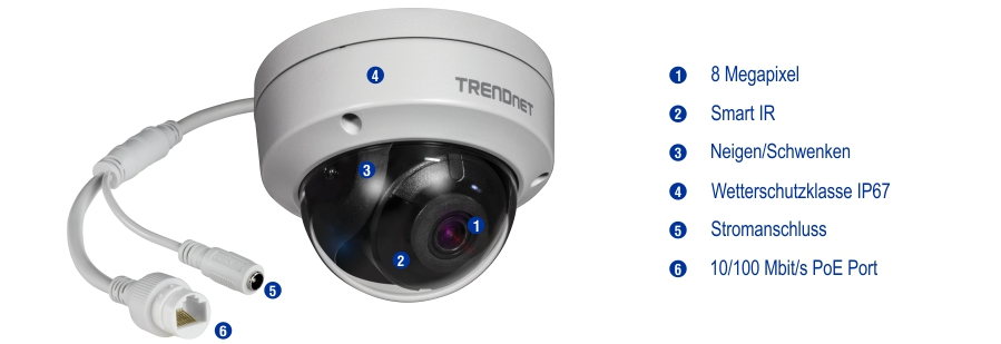 Eine weiße Dome-Überwachungskamera mit der Bezeichnung TRENDnet mit einer Auflösung von 8 Megapixeln, Smart IR, Fixed Pan/Tilt, IP67-Wetterschutz, Netzanschluss und 10/100 Mbit/s PoE-Anschluss, von dem aus Kabel verlaufen.