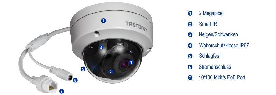 Eine weiße Dome-Überwachungskamera mit der Bezeichnung TRENDnet wird gezeigt, auf der verschiedene Funktionen hervorgehoben sind. Die Kamera hat eine Auflösung von 2 Megapixeln, Smart IR und einen festen Schwenk-/Neigemechanismus. Es ist IP67 wetterfest und stoßfest. Die Kamera verfügt über eine Strombuchse und einen 10/100 Mbit/s PoE-Anschluss.