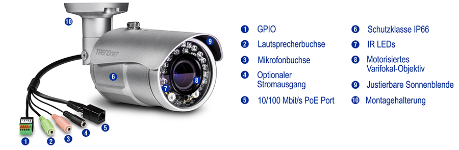 Eine Überwachungskamera wird mit verschiedenen beschrifteten Komponenten dargestellt, darunter GPIO, Lautsprecheranschluss, Mikrofonanschluss, optionaler Stromanschluss, 10/100 Mbit/s PoE-Anschluss, IP66-Einstufung, IR-LEDs, motorisiertes Varioobjektiv, verstellbare Sonnenblende und Montagehalterung. Die Kamera ist silber mit mehreren Anschlüssen und erweiterten Funktionen für die Sicherheitsüberwachung im Freien hervorgehoben.
