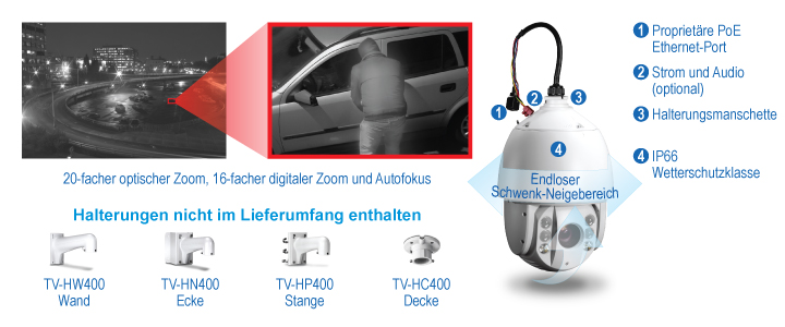 Ein Überwachungskamerasystem mit 20-fachem optischem Zoom, 16-fachem Digitalzoom und Autofokus. Zu den Merkmalen gehören ein PoE+-Ethernet-Anschluss, optionale Stromversorgung und Audio, ein Montagehalterungskragen und eine IP66-Wetterschutzklasse. Es bietet endlose Schwenk- und Neigefunktionen und umfasst Optionen für die Wand-, Eck-, Mast- und Deckenmontage. Das System demonstriert die Zoomfunktionen, indem es eine Nahaufnahme einer Person in der Nähe eines Autos zeigt.