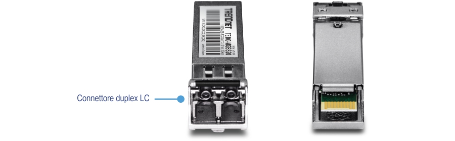 L'immagine mostra un modulo LC monomodale SFP TRENDnet 100Base-FX. Il modulo è raffigurato da due angolazioni: una vista frontale e una vista posteriore. La vista frontale evidenzia il connettore LC duplex, che è etichettato per chiarezza. La vista posteriore mostra l'interfaccia elettrica del modulo. Il modulo è dotato di un involucro metallico con un'etichetta sulla parte superiore che include un codice a barre e le informazioni sul prodotto.