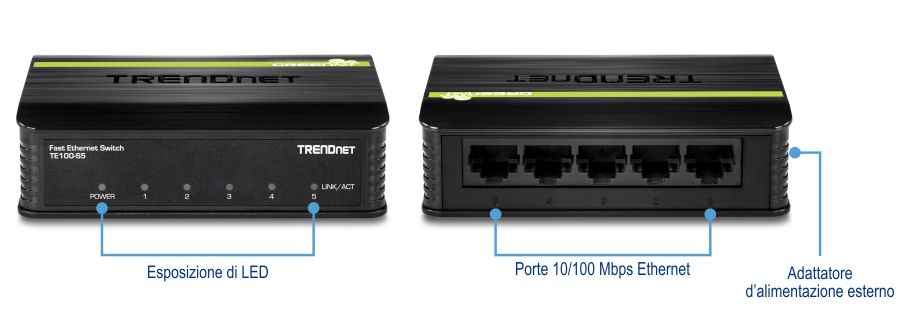Uno switch Fast Ethernet TRENDnet modello TE100-S5. Nella vista frontale sono visualizzati gli indicatori LED con l'etichetta Power, 1, 2, 3, 4 e Link/Act. La vista posteriore mostra cinque porte Ethernet 10/100 Mbps e un ingresso di alimentazione. Il dispositivo è nero con una striscia verde e il logo TRENDnet sulla parte superiore.