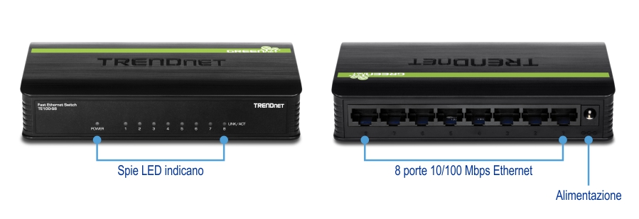 Due viste di uno switch GREENnet TRENDnet TE100-S8 a 8 porte 10/100 Mbps. La vista frontale mostra gli indicatori LED, comprese le spie di alimentazione e di collegamento/attività per ciascuna delle otto porte. La vista posteriore mostra le otto porte Ethernet 10/100 Mbps e l'ingresso di alimentazione.