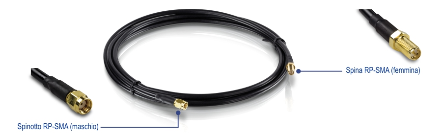 Cavo antenna da RP-SMA maschio a RP-SMA femmina a bassa perdita - 2 m (6,5 piedi), TEW-L102, con connettori su entrambe le estremità. Un'estremità ha un jack RP-SMA etichettato maschio e l'altra estremità ha un connettore maschio RP-SMA etichettato femmina. I connettori sono color oro e il cavo è avvolto al centro.