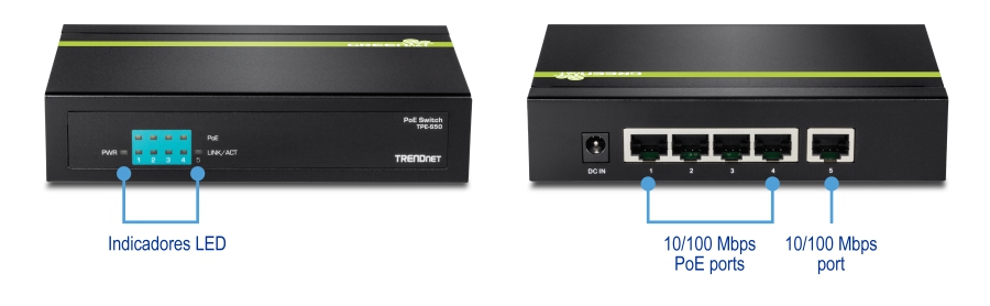 La vista frontale di uno switch PoE modello TPE-S50 di TRENDnet evidenzia gli indicatori LED etichettati PWR, PoE e LINK/ACT. La vista posteriore mostra cinque porte Ethernet, con le prime quattro etichettate come porte PoE 10/100 Mbps e la quinta come porta 10/100 Mbps. Inoltre, c'è un ingresso di alimentazione DC IN sul lato posteriore.