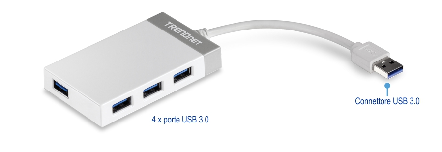 L'immagine mostra un mini hub USB 3.0 a 4 porte, modello TU3H4E. Dispone di quattro porte USB 3.0, che consentono di collegare contemporaneamente più dispositivi USB. L'hub si collega a un computer o a un altro dispositivo tramite un cavo corto che termina in un connettore USB 3.0, offrendo un trasferimento dati ad alta velocità.