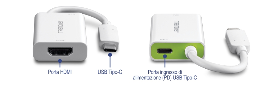 Il dispositivo è un adattatore da USB-C a HDMI con alimentazione. È dotato di una porta HDMI e di un connettore USB-C su un lato e di una porta di alimentazione USB-C insieme a un altro connettore USB-C sull'altro lato. L'adattatore è marchiato con il nome TRENDnet.