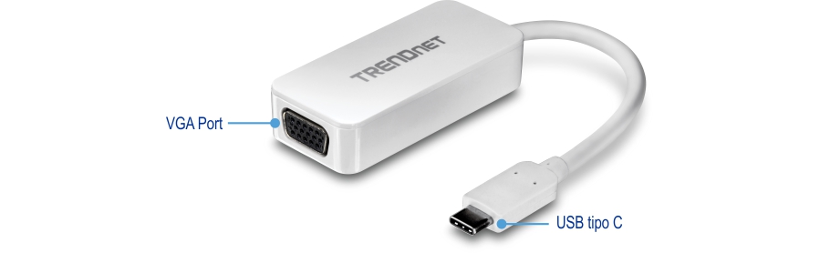 Un adattatore TRENDnet bianco con una porta VGA su un'estremità e un connettore USB-C sull'altra estremità. La porta VGA è etichettata come Porta VGA e il connettore USB-C è etichettato come USB-C. Questo adattatore è progettato per collegare dispositivi con una porta USB-C a un display con un ingresso VGA.