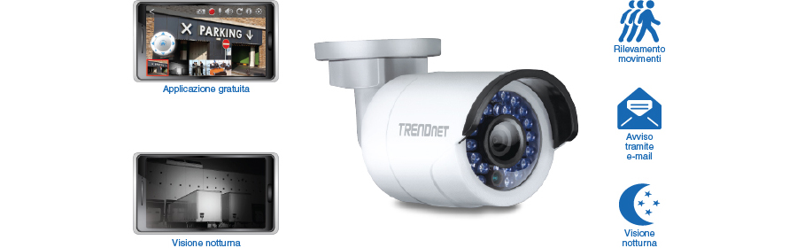 Una telecamera di sicurezza TRENDnet con varie caratteristiche evidenziate, tra cui un design cilindrico con LED a infrarossi per la visione notturna, il rilevamento del movimento e le funzionalità di avviso via e-mail. L'immagine mostra anche screenshot di un'app mobile che mostrano le visualizzazioni a colori e la visione notturna.