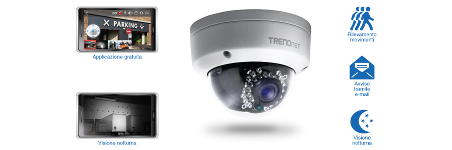 Una telecamera di sicurezza TRENDnet con varie caratteristiche evidenziate, tra cui un design cilindrico con LED a infrarossi per la visione notturna, il rilevamento del movimento e le funzionalità di avviso via e-mail. L'immagine mostra anche screenshot di un'app mobile che mostrano le visualizzazioni a colori e la visione notturna.